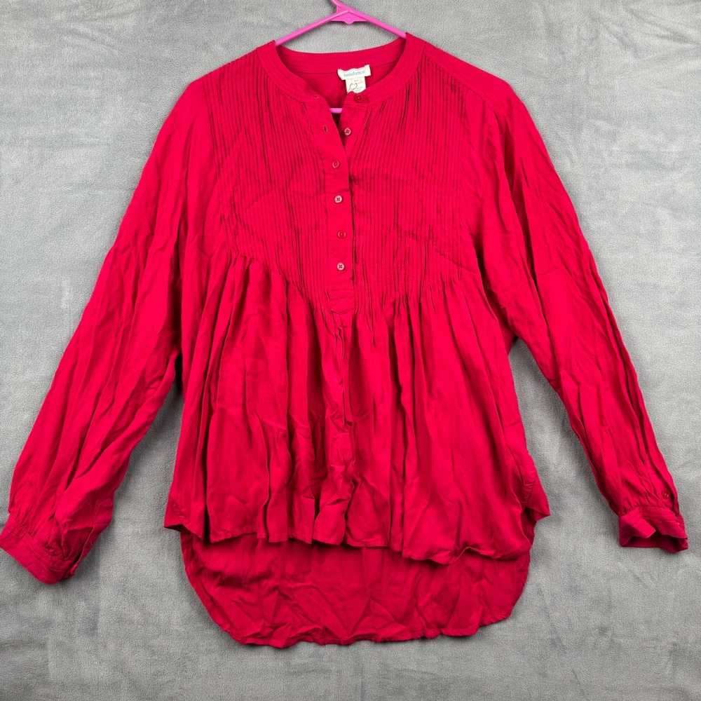 Sundance PS Petite Small Red Long Sleeve Pleated Button Up Blouse Top